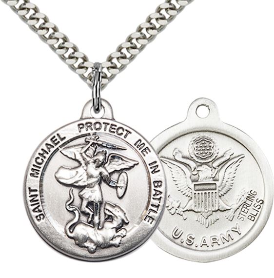 STERLING SILVER ST MICHAEL PENDANT ON A CHAIN - 7/8" x 1 3/8"